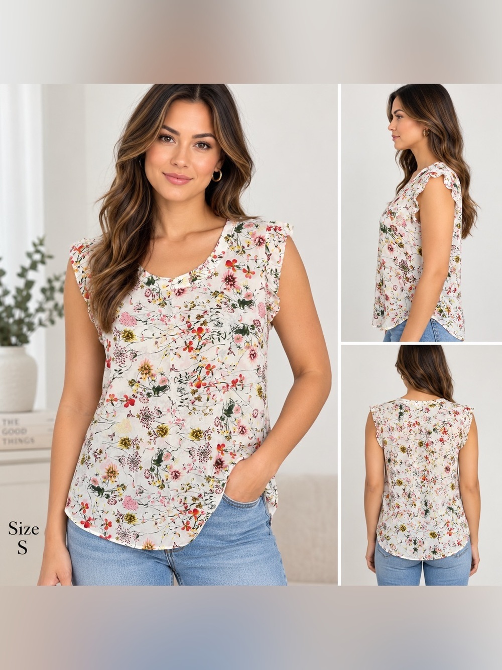 Pleione Women’s Floral Sleeveless Blouse Size Small White Multicolor Scoop Neck